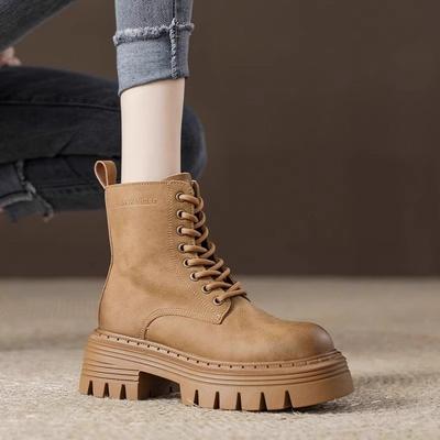 Кожаные ботинки Мартин на высокой платформе женские одинарные ботинки осень новые локомотивные зимние бархатные короткие ботинки