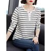 Long Sleeve Bottom Shirt Women's Cotton T-Shirt Mom Spring Clothing New Women's Clothing Foreign Style Striped V-Neck Top Autumn