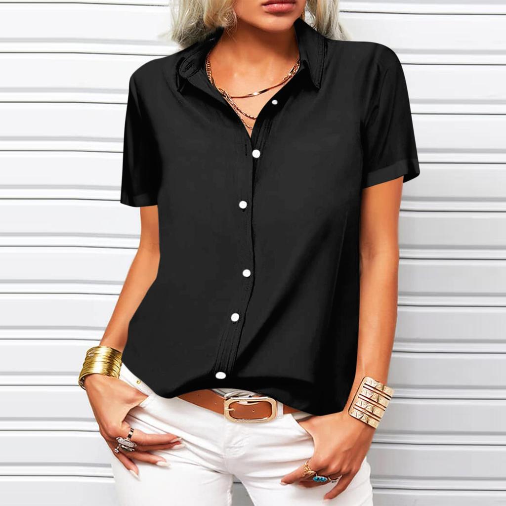 Women's Fashion Casual Short Sleeve Solid Color Buttons Lapel Shirt Top Blouse