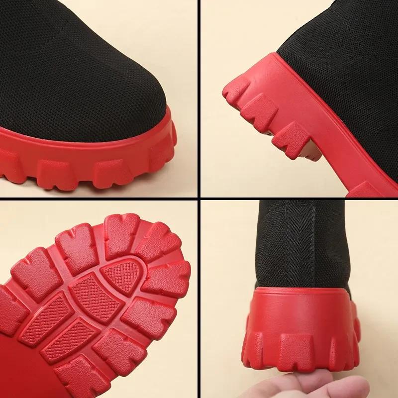 Spring Autumn New Women's Mid Calf Hoof Heels Sock Boots Slip On Round Toe Shoes for Women Ladies Breathable Platform Boots