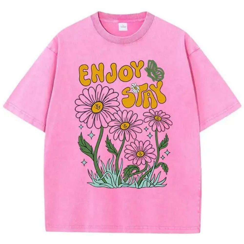 Flower Butterfly Enjoy Stay Print T-Shirt Mens Shoulder Drop Popular T Shirt Fashion Vigor Tees Normcore Streetwear