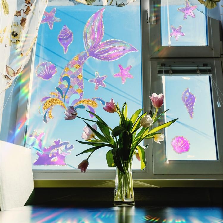 Reflective Rainbow Glass Stickers Colorful Flower Decals Sunlight Dispersing Window Films PVC Clings for Home Decors