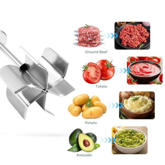 Измельчитель мяса из нержавеющей стали с 6 острыми лезвиями, деревянной ручкой, для пюрирования говяжьего фарша для бургеров, картофеля, овощей, легко моющийся кухонный инструмент