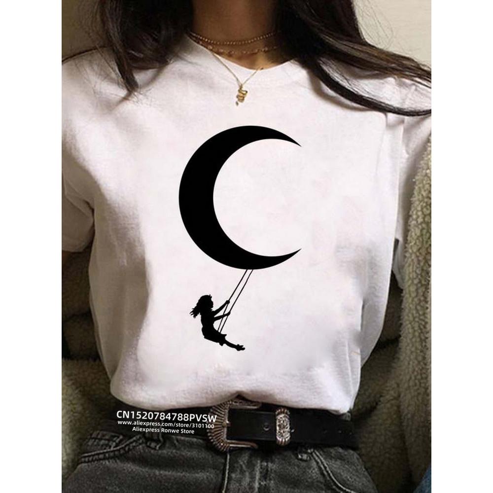 Women Moon Harajuku Funny 90s Girl T Shirt Cartoon Graphic Printed Black Ladies T-shirt Casual Woman Shirt Kawaii Tee Shirt