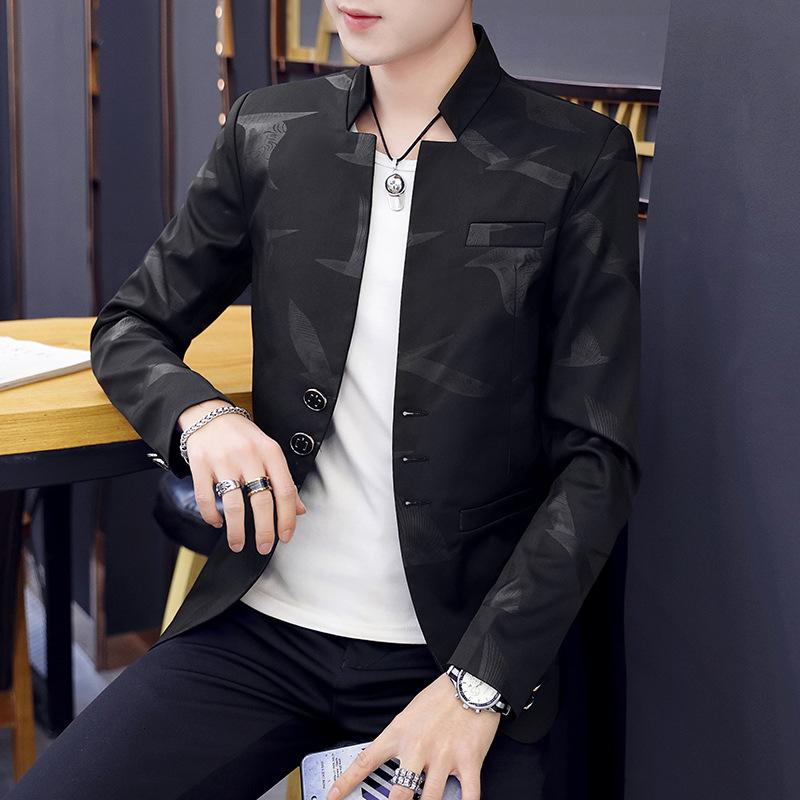 Мужской пиджак с воротником-стойкой и принтом, молодежный повседневный тонкий тонкий пиджак