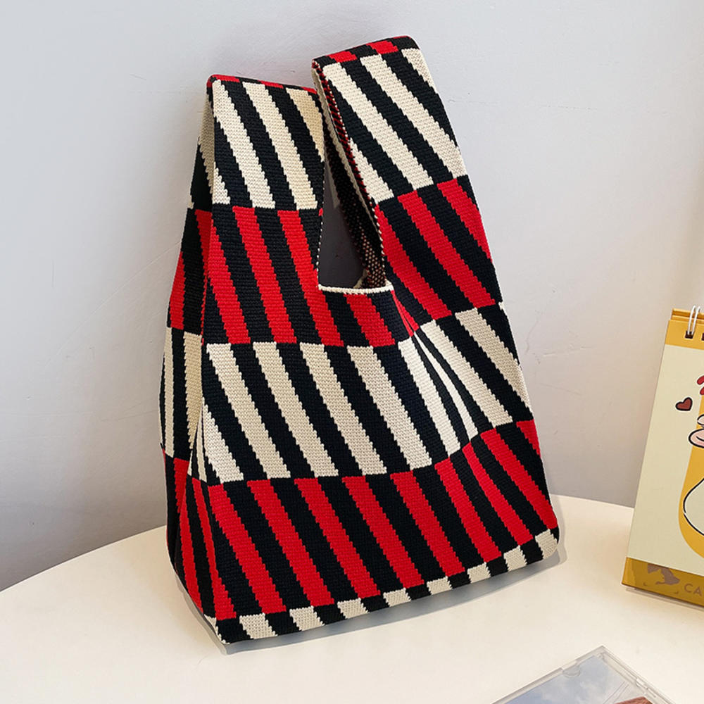 FASHION Women'S Knot Wrist Bag Handmade Knitted Bag Portable Mini Striped Tote Bucket Phone Bags Large Capacity Autumn Winter Handbags