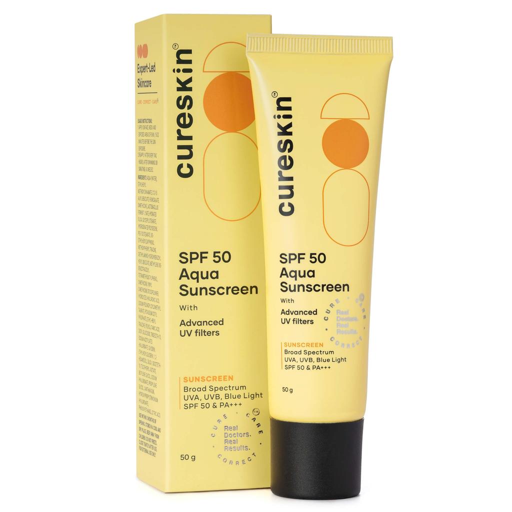 Cureskin SPF 50 Aqua Sunscreen с улучшенными УФ-фильтрами | Защита от солнца широкого спектра, UVA, UVB, синего света, SPF 50 и PA+++, 50 г (Пакет из 1)
