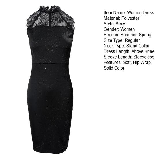 Женское платье Приталенное Без рукавов с пайетками Кружевная вставка Воротник-стойка Весна