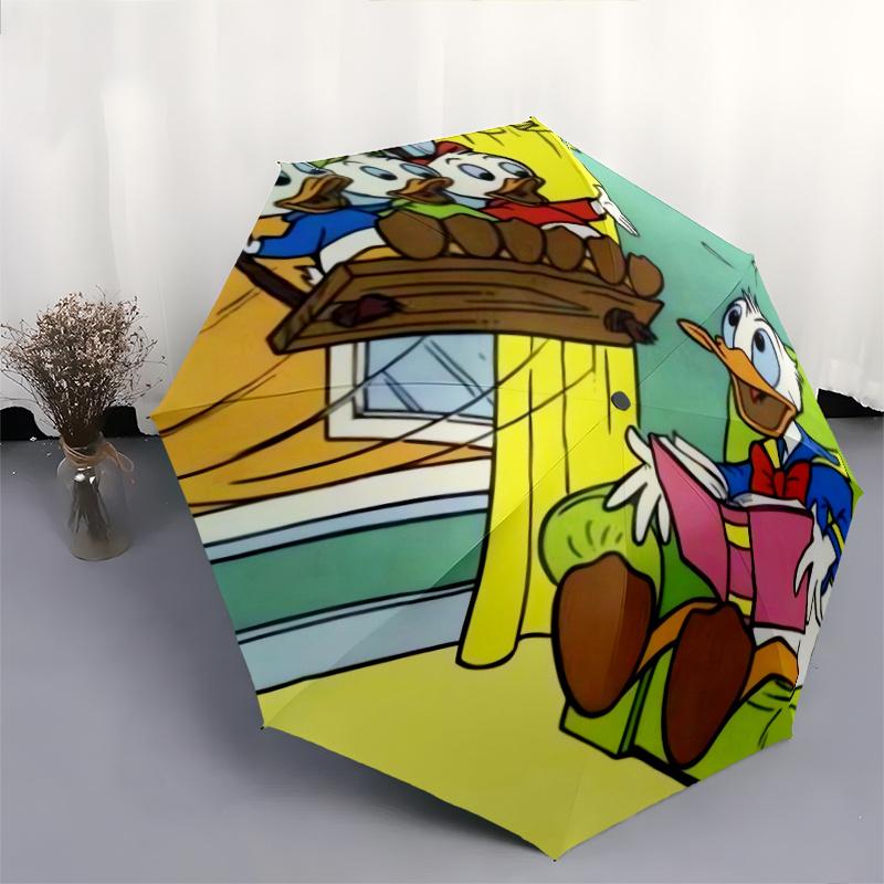 Donald Duck and His Nephew on the Swing Automatic Folding Umbrella - 3 Folding Design, Vivid Cartoon Pattern, Suitable for Outdoor Activitie