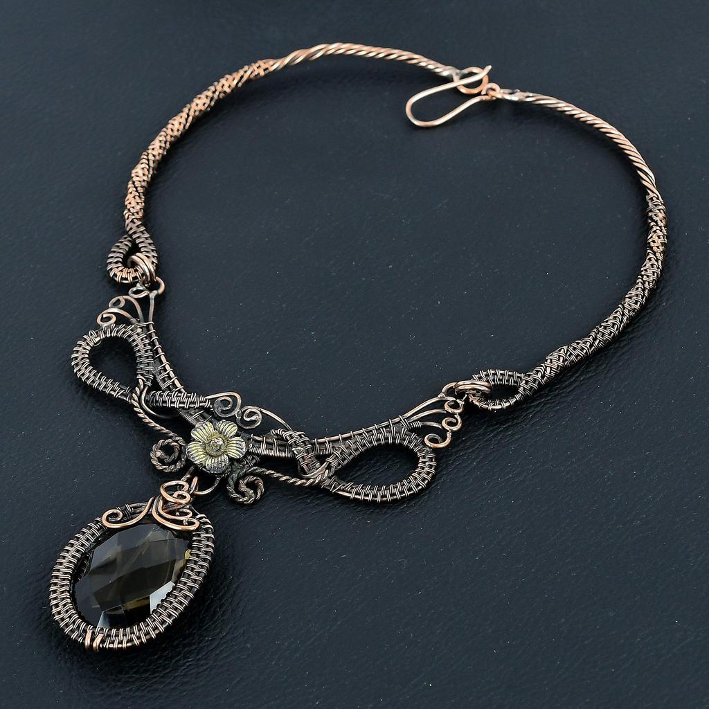 Ожерелье из дымчатого топаза Ручная работа, Ожерелье, обернутое медной проволокой 999 пробы, Дизайнерское украшение с драгоценным камнем, Ожерелье с регулируемой цепочкой, Подарок для мамы