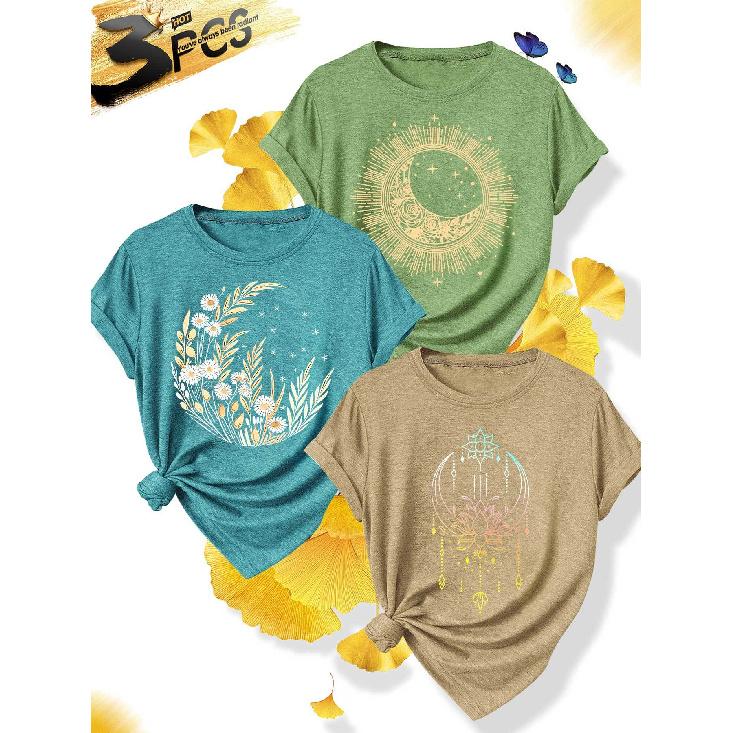 3Elegant plus-size short-sleeve outfit for sisters to attend parties T Shirt Daisy Moon Lotus Print Plus Size Women's Spring/Summer Casual