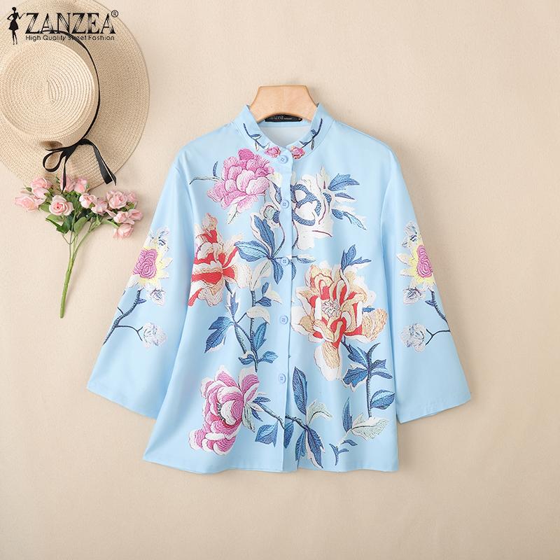 ZANZEA Women Stand Collar Loose Casual 3/4 Sleeve Floral Blouse