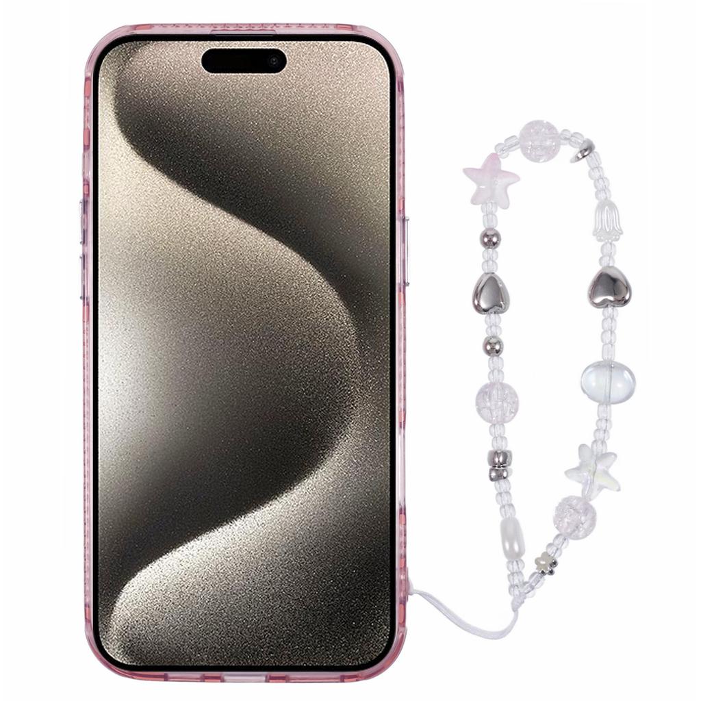 For iPhone 16 Case Butterfly Kickstand PC+TPU IMD Phone Cover with Lens Film / Beaded Strap - Feather Pattern / Pink