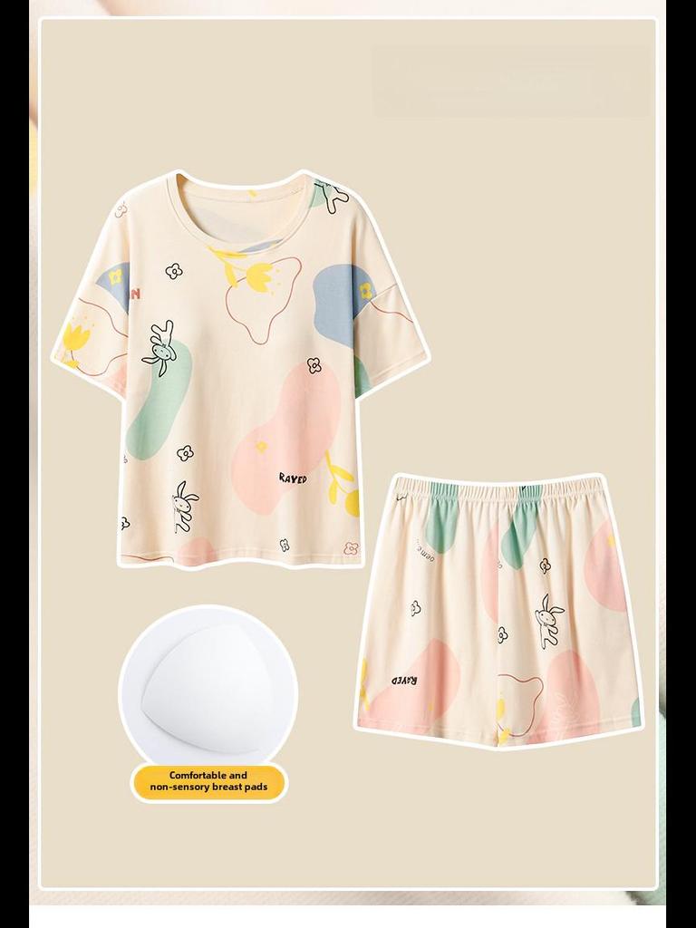 Женская летняя пижама 2023 года с короткими рукавами и нагрудными подушечками — легкий хлопковый комплект домашней одежды с антивыпуклыми точками для комфортного сна.