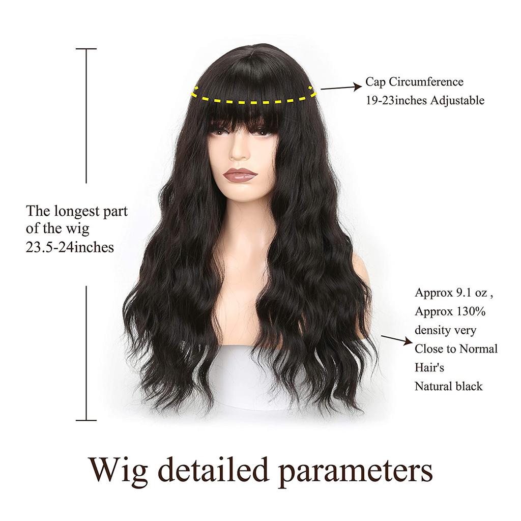 MERISIHAIR Black Wavy Wig for Women, Black Wig with Bangs Long, Heat Resistant Wig Black Bangs Wavy, Synthetic Wig With Bangs,