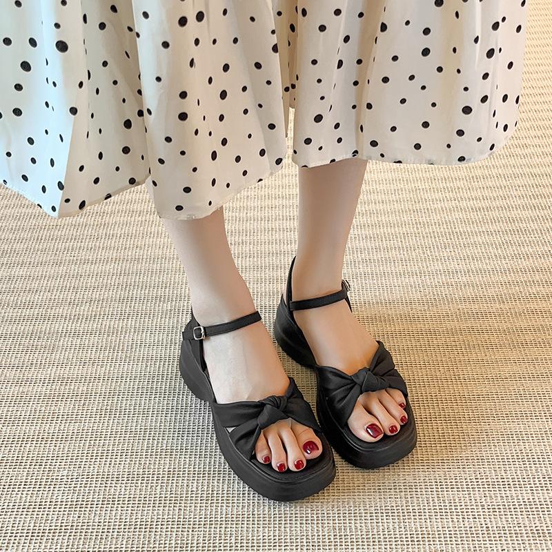 Босоножки на платформе в стиле феи, женская уличная обувь 2025 лето, новые с бантом, на толстом каблуке, модные пляжные туфли