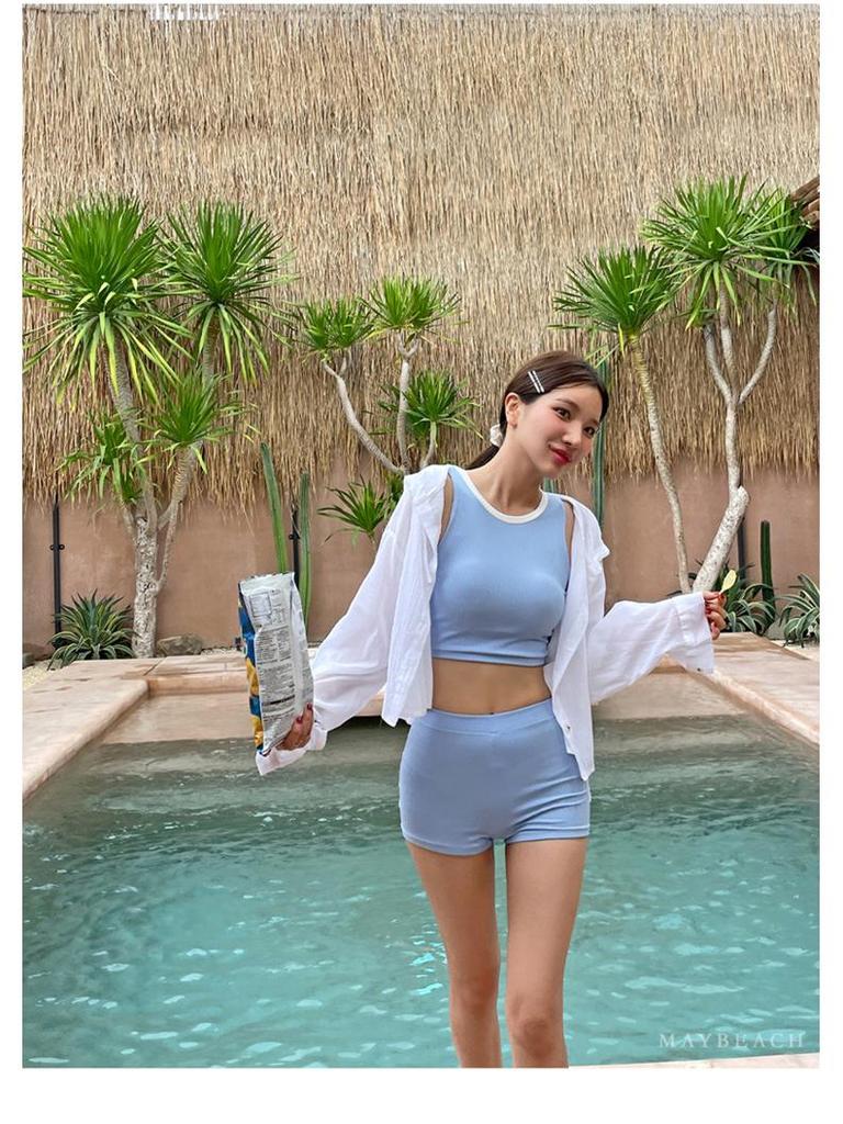 Корейский купальник бандо с разрезом 2025 - Однотонный, Сексуальные плавки с плоским вырезом для женщин