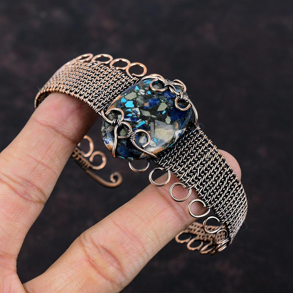 Медный браслет-манжета с мульти-бирюзой, медный браслет-манжета с обмоткой из медной проволоки и драгоценными камнями, регулируемый браслет-манжета, медные украшения для подарка, украшения ручной работы