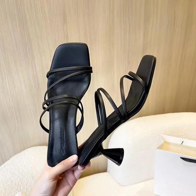 Модные летние новые женские тапочки с квадратным носком Grace Narrow Band Solid Casual Sandals Waterproof Block High Lady Shoes