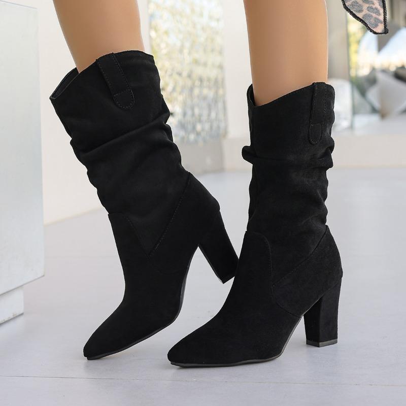 New Pointed Toe Pleated Boots for Women Winter Chunky Heels Flock Folding Knee High Boots Party Comfy Women Shoes Big Size 42