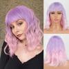 LISI HAIR Short Wave Bob Pink White Gradient Wig with Bangs Synthetic Fiber Short Wavy Daily Wear Cosplay Wig for Women