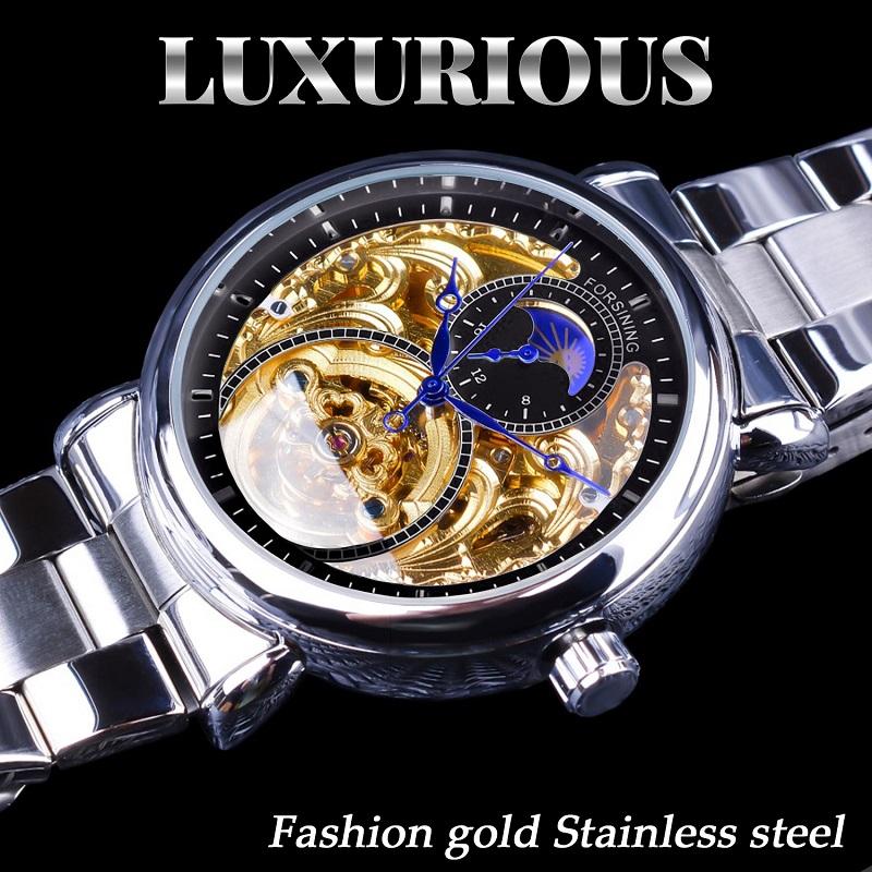 Forsining Мужская мода, отдых, полая луна и механические часы с полой поверхностью
