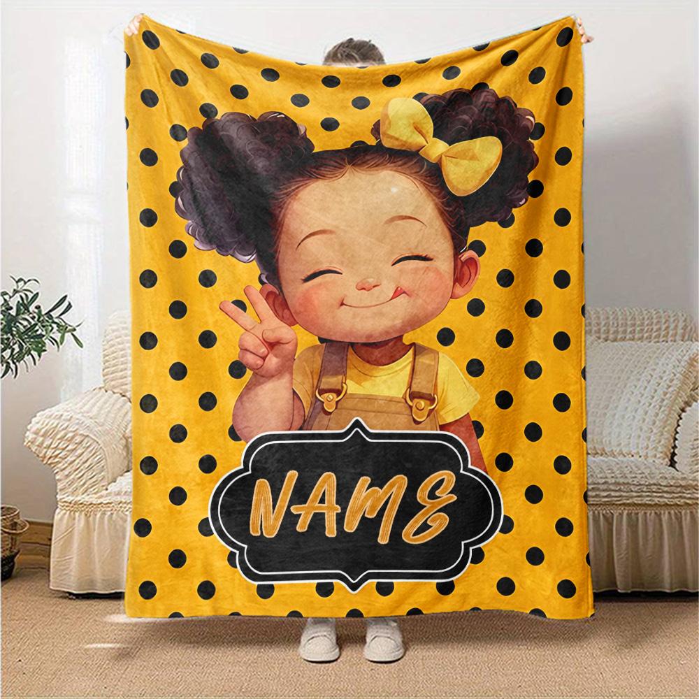 Happy Girl Bow Multi-purpose Customizable Blanket Personalized Text Durable Comfort Versatile for Sofa Couch Office Bed Picnics