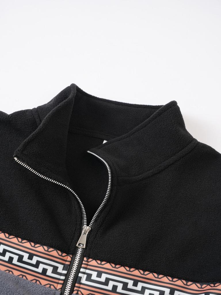 Мужская осенне-зимняя флисовая толстовка с полумолнией, воротником-стойкой, цветовыми блоками и жаккардовым узором