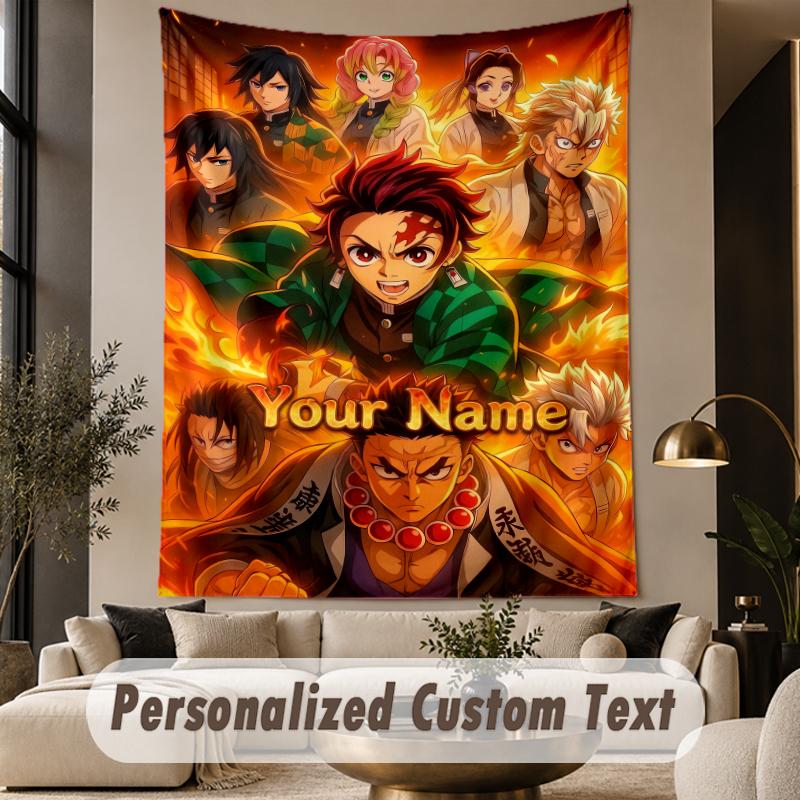 Custom Text Printed Tapestry Demon Slayer Pattern Large Wall Hanging Indoor Room Decor