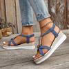 2024 Summer Hot Selling Women's Sandals Fashionable Denim Women's Shoes Open Toe Wedge Heel Beaded Roman Women's Sandals