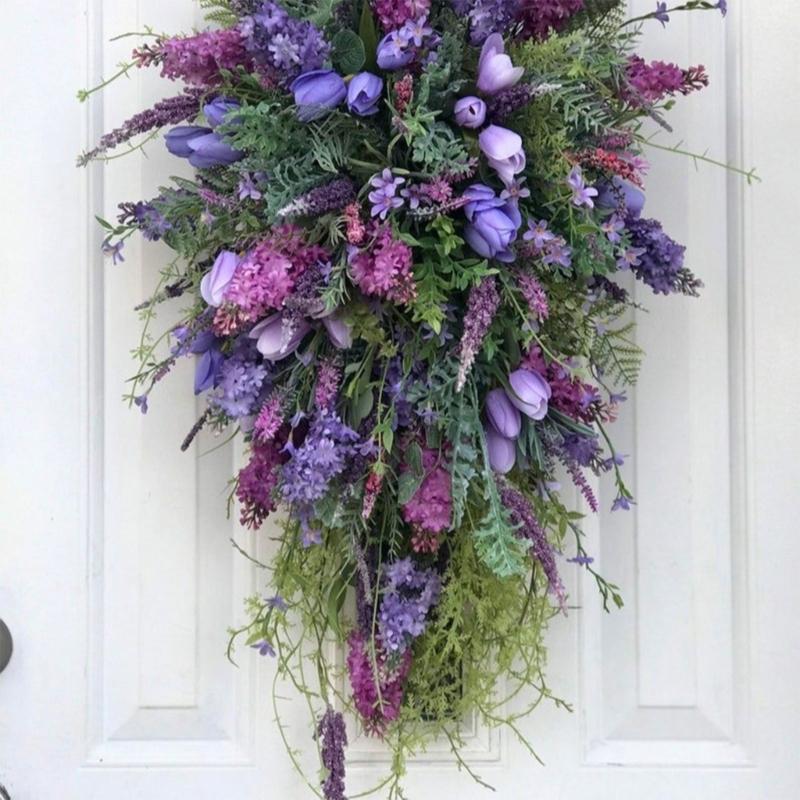 Tulips Wreath for Front Door Spring Artificial Flower Wreath with Hyacinths Hydrangeas Lavenders Wall Hangings Decorations