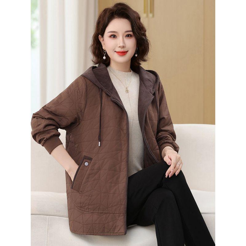 Autumn Style Quilted Thin Cotton Jacket, Spring and Autumn Hooded Loose Short Baseball Jacket, Casual Outerwear for Middle-Aged and Elderly Mothers