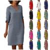 European American Style Retro High Waist V-Neck Cotton Linen Dress Solid Color Washed Wrinkled Fabric Three Quarter Sleeves