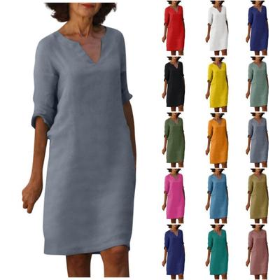 Ретро платье с завышенной талией, V-образным вырезом, из хлопка и льна, в европейско-американском стиле, однотонное, из мятой ткани, с рукавами три четверти