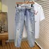 Spring Nostalgic Blue Small Ripped Stretch Jeans Nine-point Pants Men's Nine-point Pants