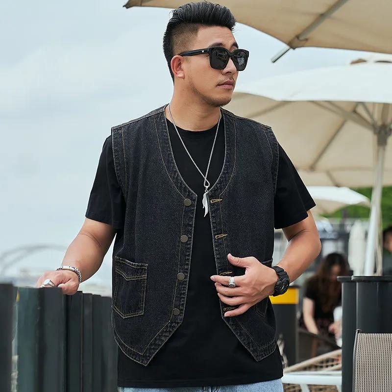 Мужской весенний свободный джинсовый жилет большого размера, однотонный топ без рукавов с прямым подолом