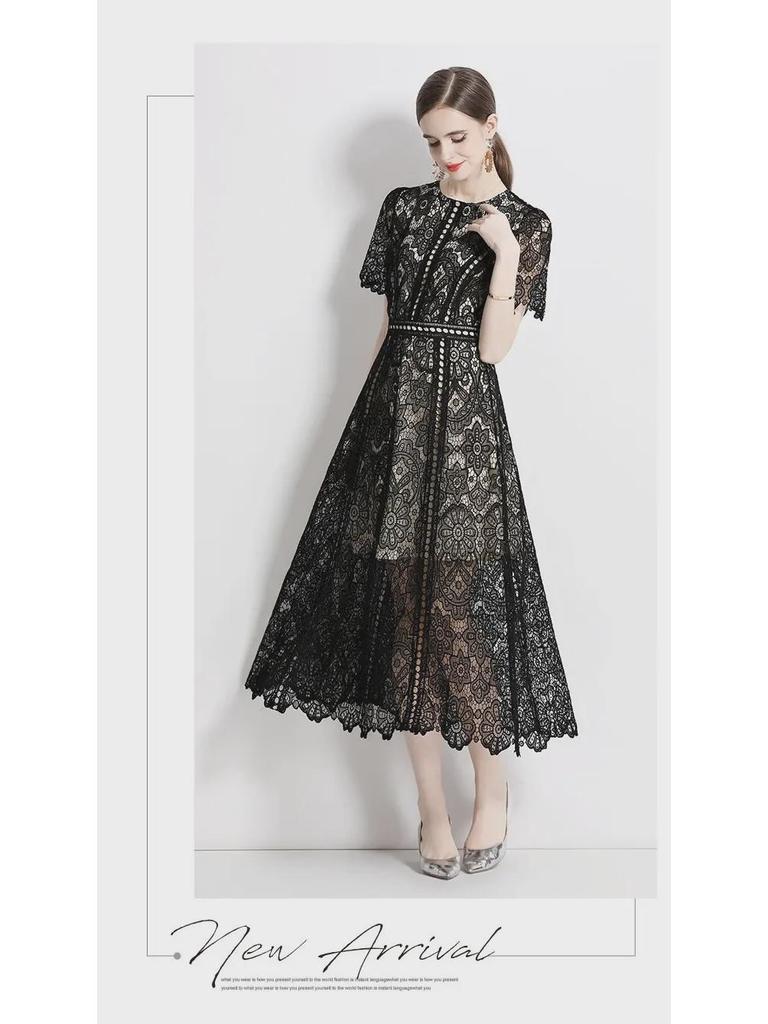 Юбка макси из водорастворимого кружева во французском стиле, слим-силуэт, круглый вырез, большой клеш