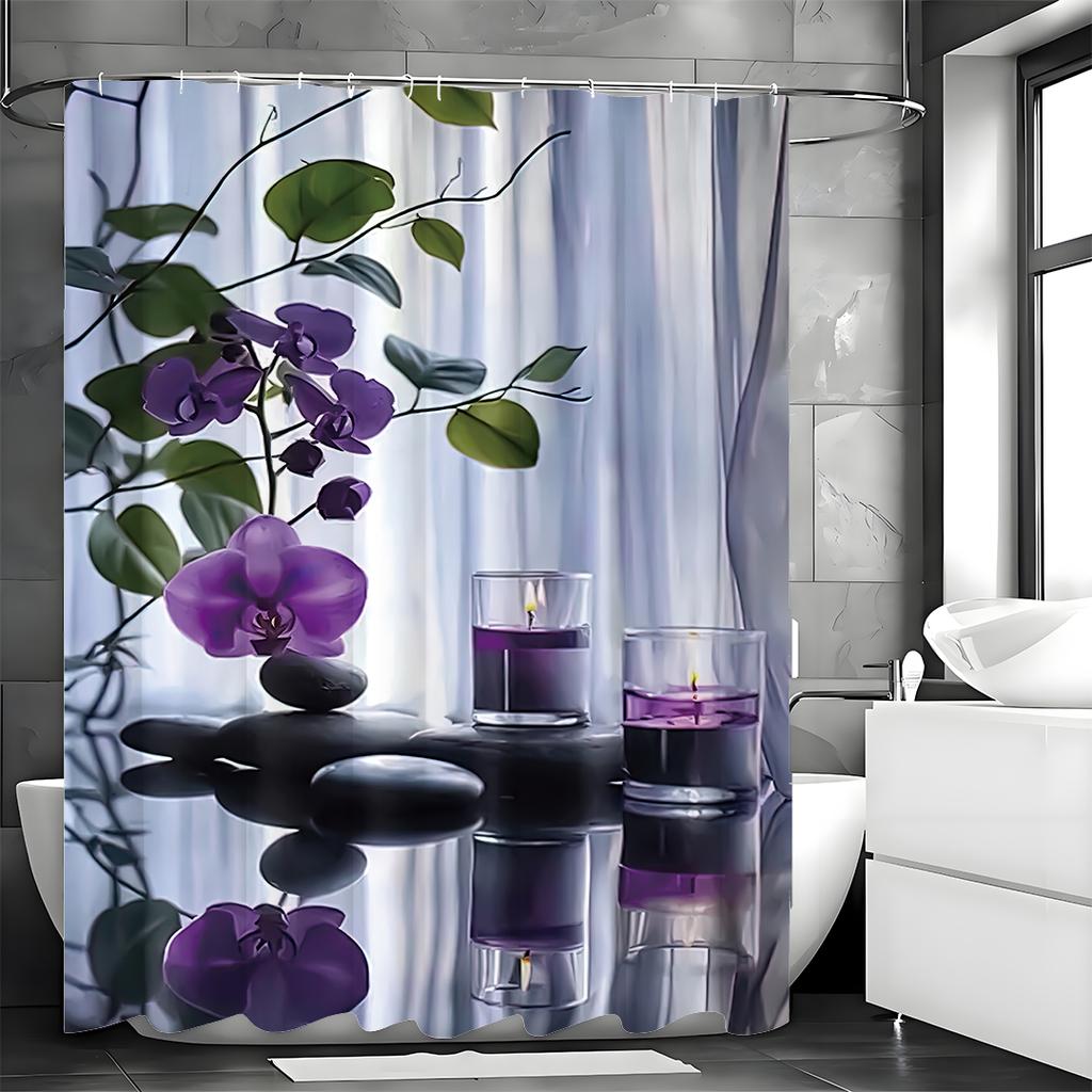 Zen Spa Healing Black Stone and Wisteria Shower Curtain, Bathroom Decorative Shower Curtain, Waterproof Shower Curtain with Hook