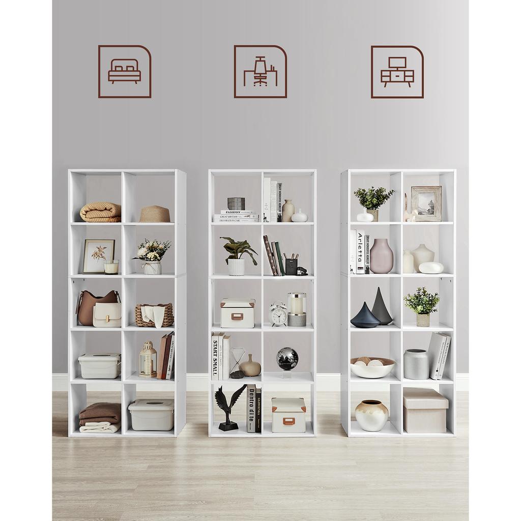VASAGLE Scandinavian Style Bookcase 10 Compartments Standing Shelf Storage Rack for Living Room Office Bedroom Study Room Divider White