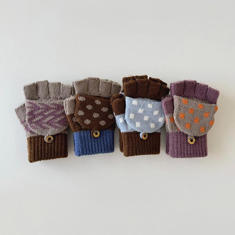 Children's Gloves Autumn and Winter Korean Version Girls Writing Flip Five Fingers Boys Keep Warm Half Fingers Going To School