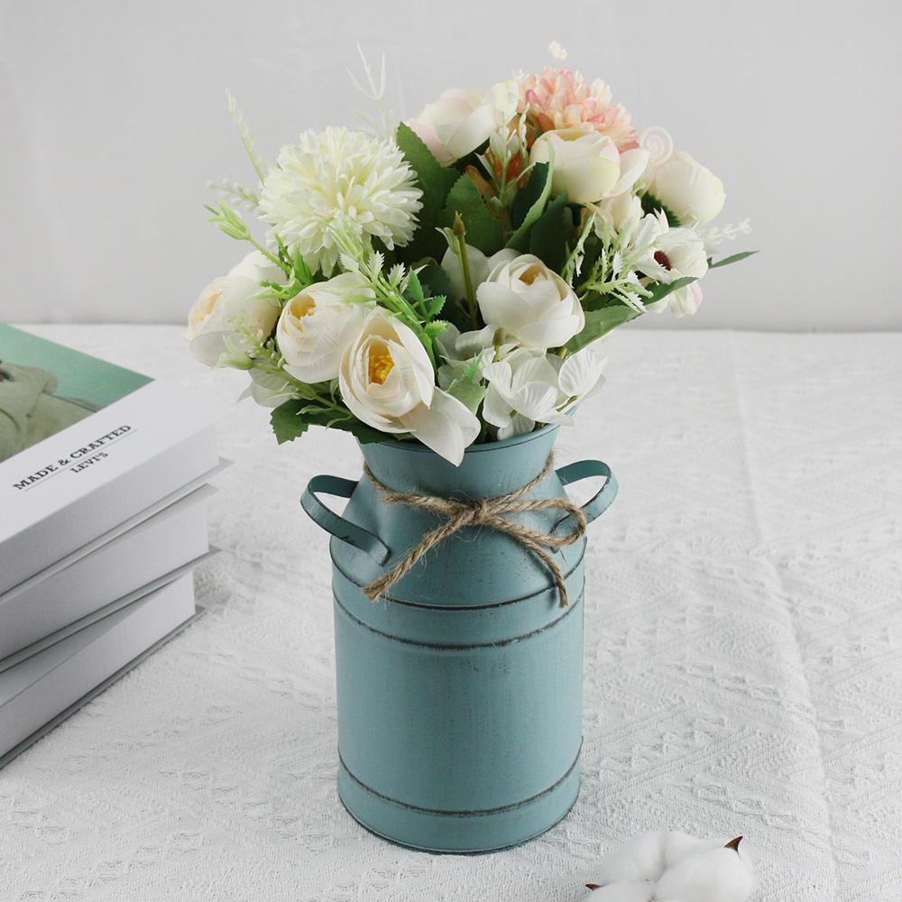 Набор из 3 предметов: два имитационных букета и европейская винтажная синяя ваза из железа для украшения домашнего офиса, обеденного стола