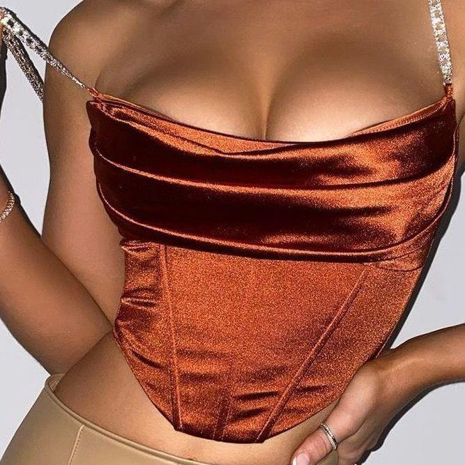Sexy Women's Suspender Vest Rhinestone - Strapped Satin Crop Camisole: Chic & Sparkly, Multiple Colors Available