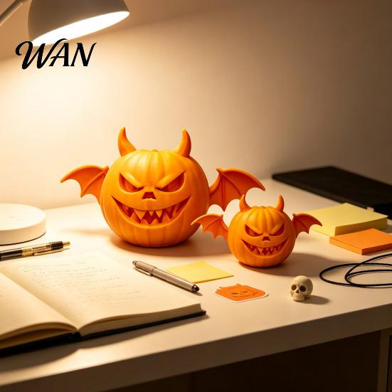 Spooky Pumpkin Statue 2Pcs 3D Printed Demon Figurine, Devil with Bat Carved Ornament Wings & Horns, Sculpture for Halloween Party Decoration Seasonal