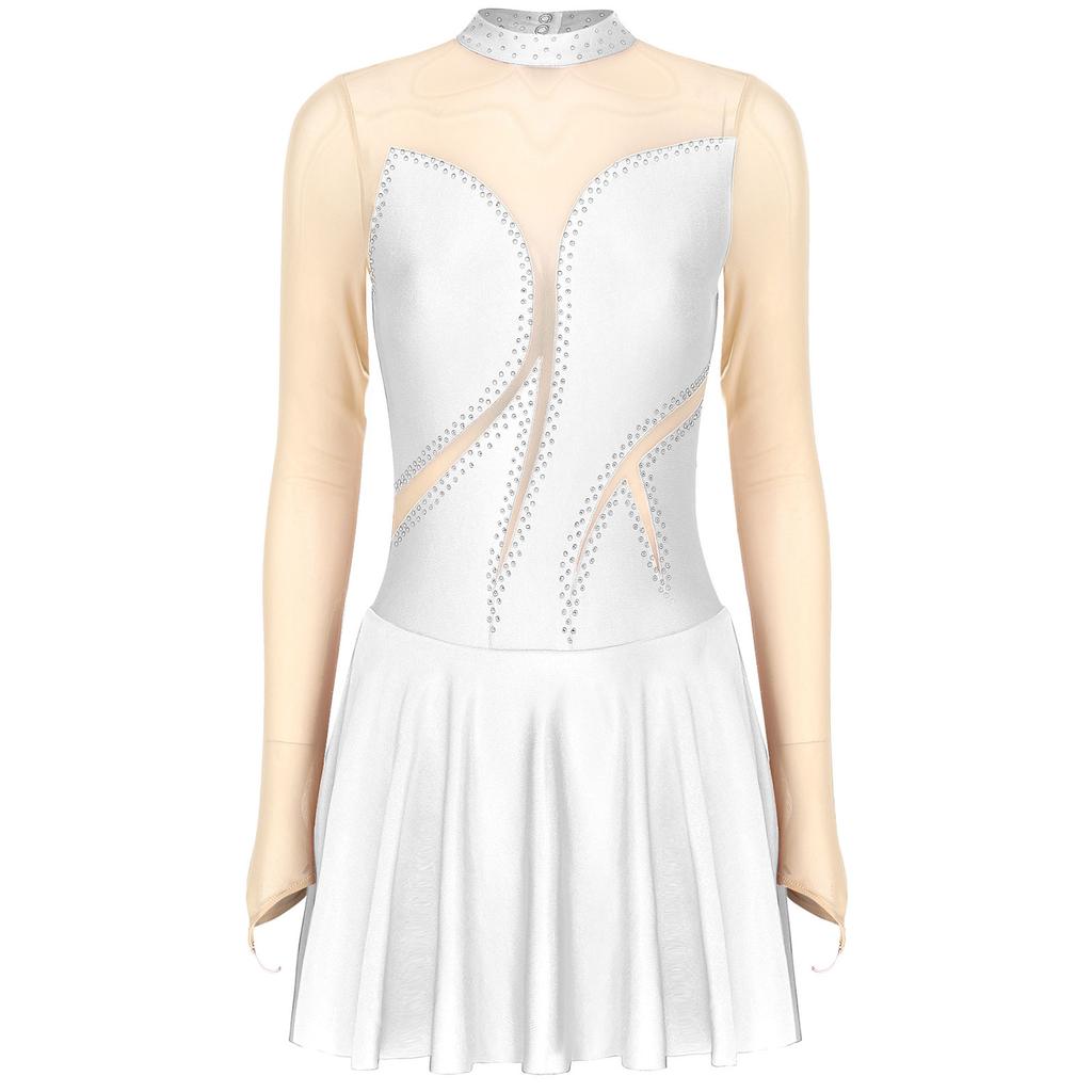 Womens Sparkly Lyrical Dance Costume Featuring Sheer Mesh Patchwork Long Sleeve Mock Neck Bodysuit with Rhinestone Details for Performances