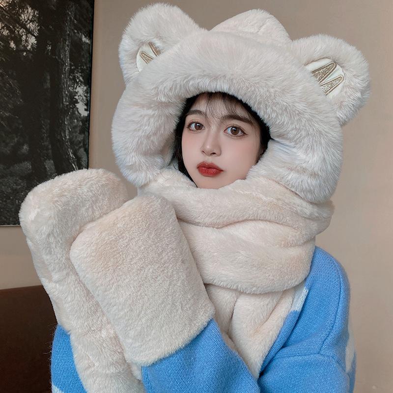 Cute Little Bear Thickened Warm Scarf Hooded Scarf Winter Gloves Three Piece Hat for Women