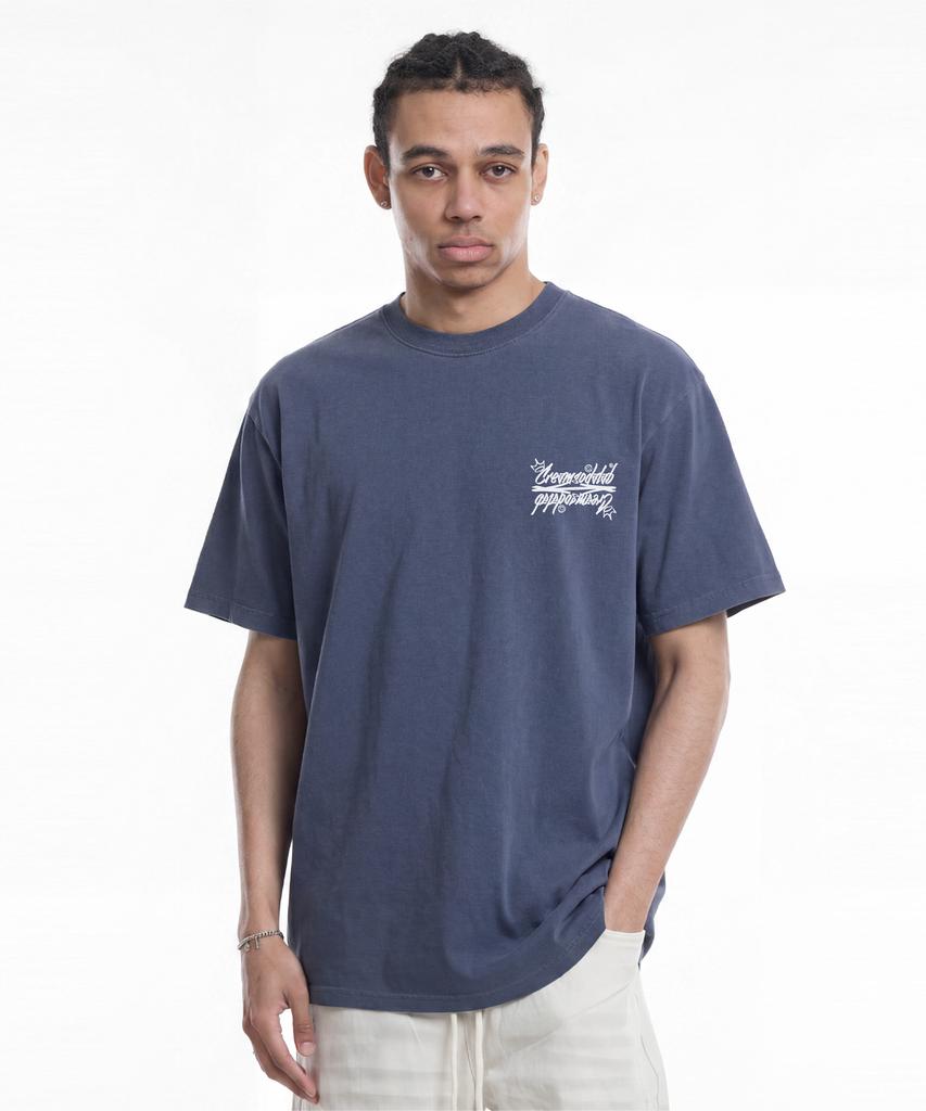 CREAM SODA LAB Crsdel Small Logo Garment Dyed Pigment Short Sleeve T-Shirt Steel Blue White