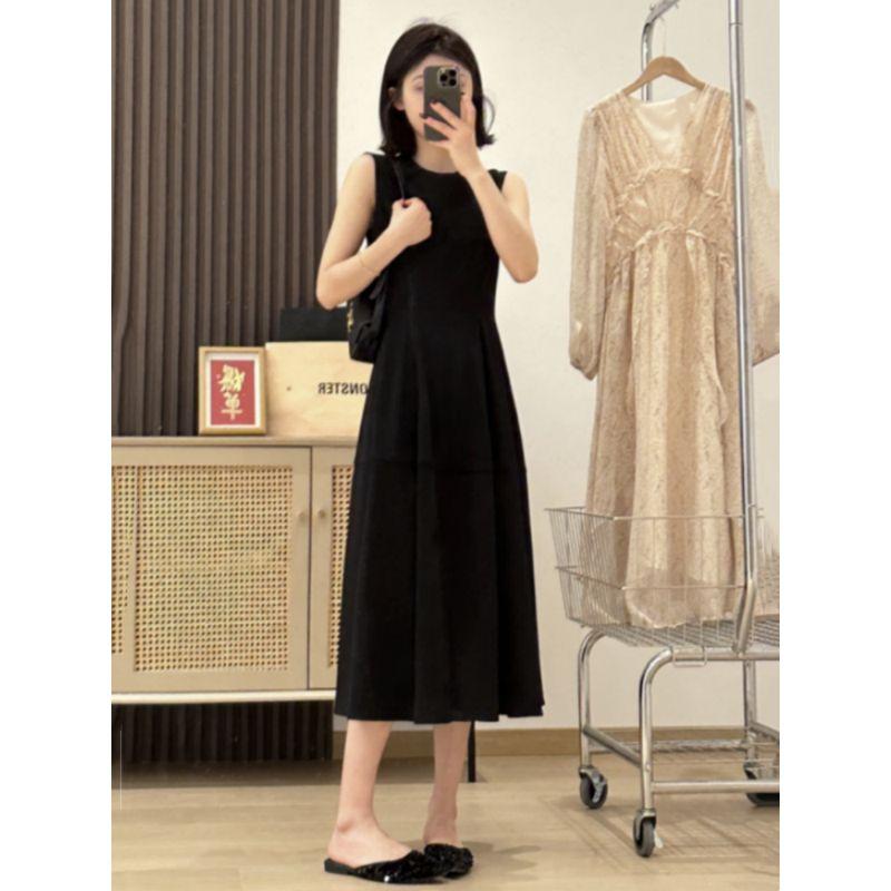round Neck Chubby Girl Hepburn Style Waist Black Dress Vest