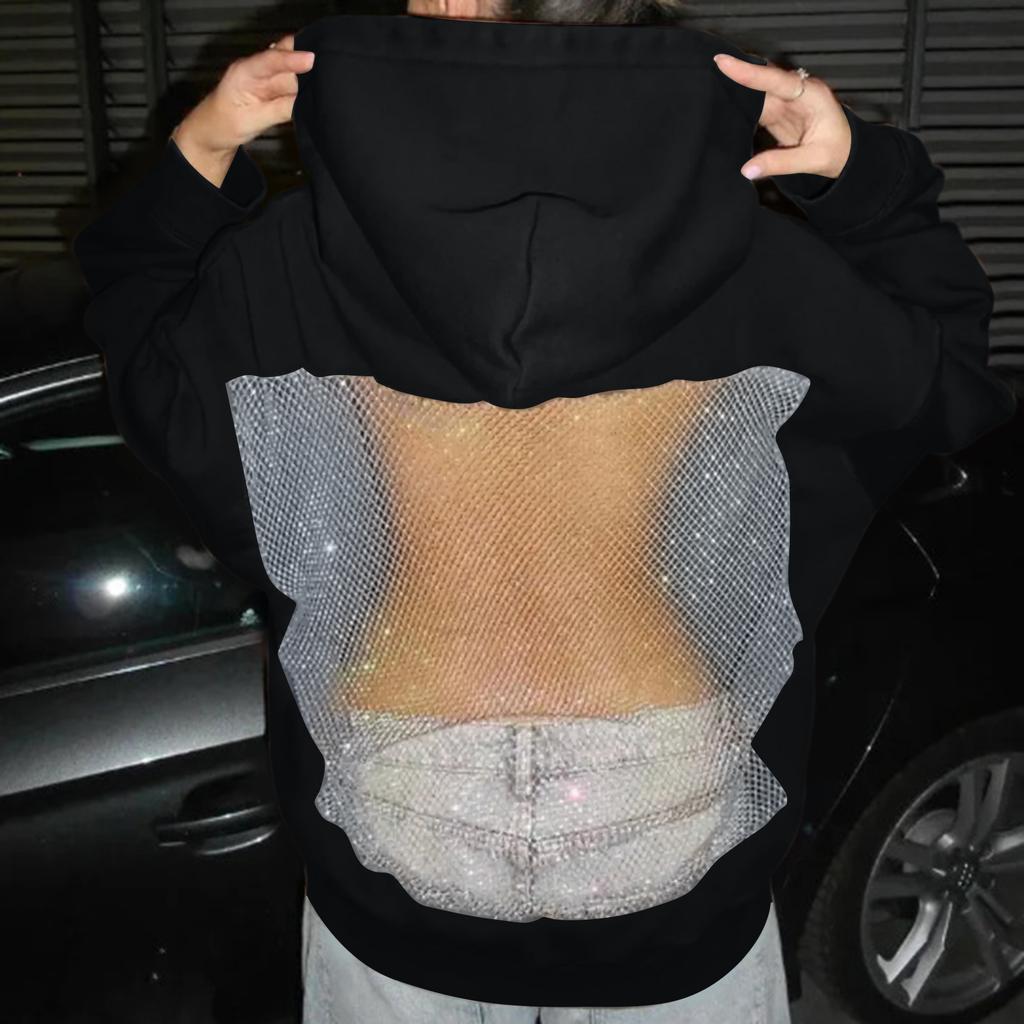 Женская модная цветная толстовка с открытой спиной, ажурной сеткой, длинными рукавами и капюшоном.