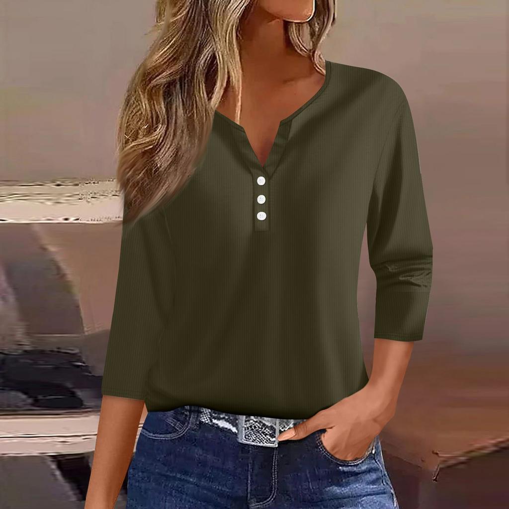 Women's T Shirt Tee Print Button 3/4 Sleeve Tunic Daily Weekend Fashion Basic V- Neck Regular Top