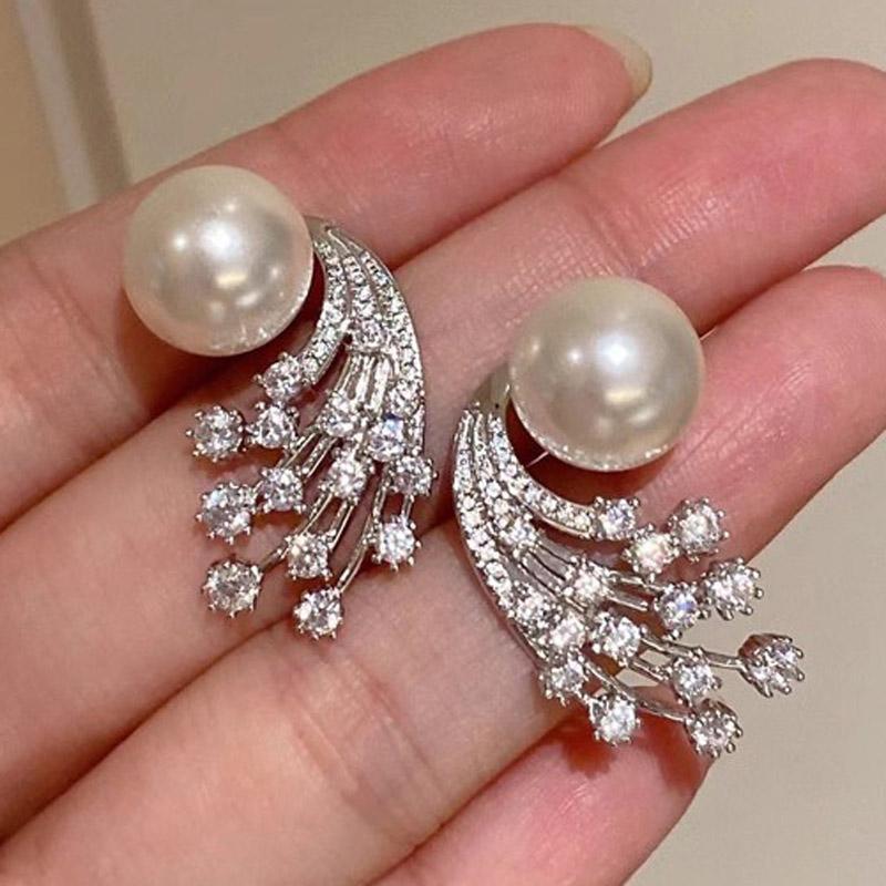 925 Sterling Silver Feather Design Women Stud Earrings Pearl Elegant Wedding Accessories with CZ Trendy Anniversary Jewelry Gift